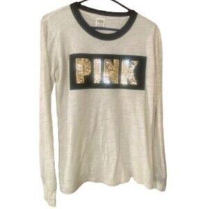 Pink Victoria Secret Womens T Shirt Size Small Black Velvet Gold Sequined Logo